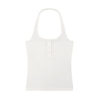 Anointed Garments white ribbed knit halter neck tank top with a button-front placket in a form-fitting silhouette.