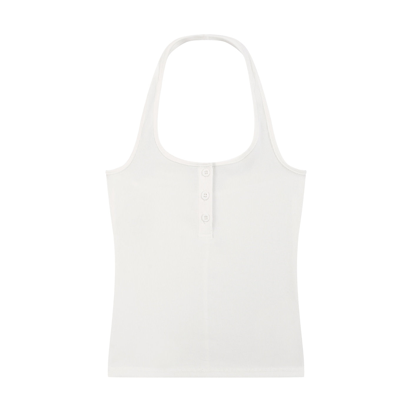 Anointed Garments white ribbed knit halter neck tank top with a button-front placket in a form-fitting silhouette.