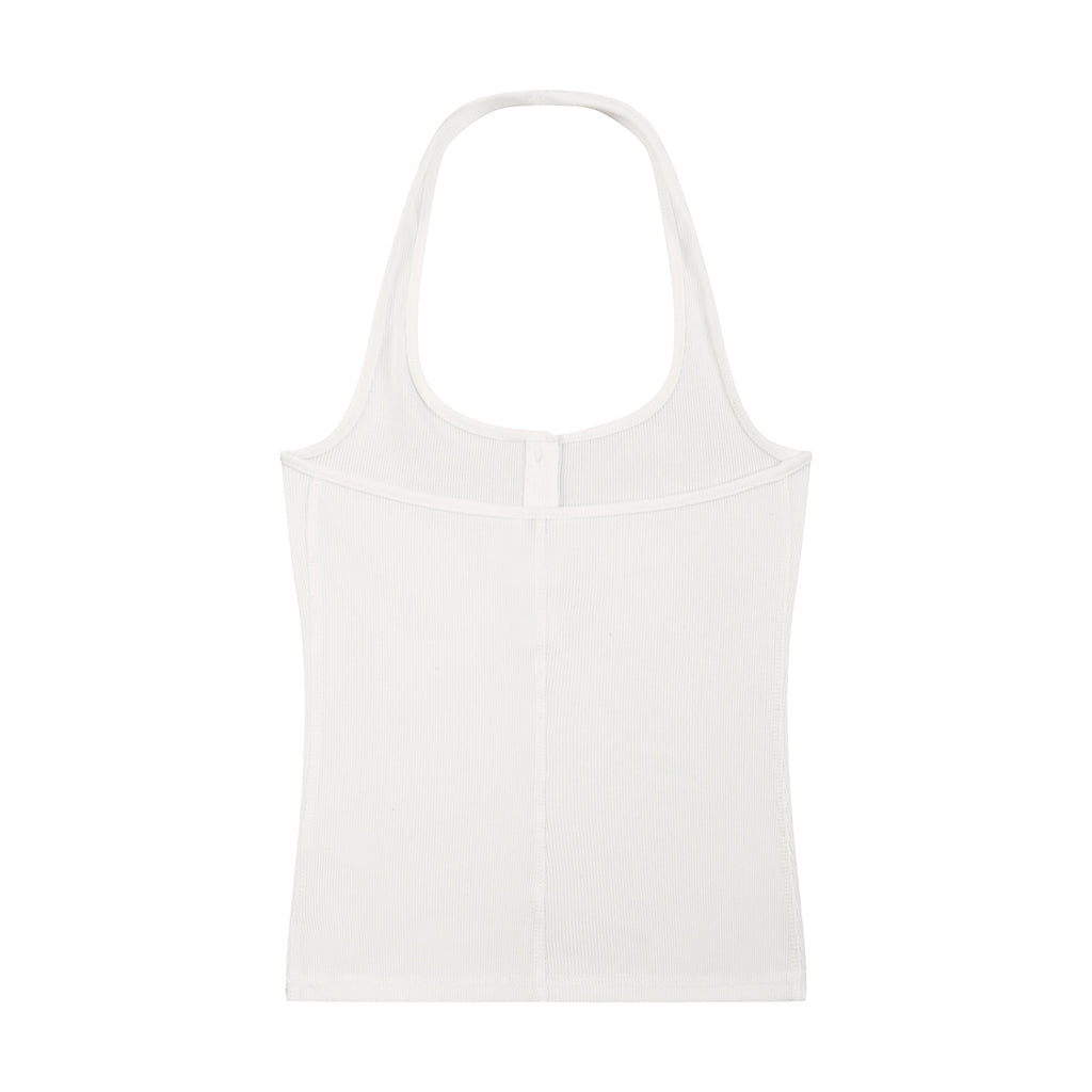 Anointed Garments white ribbed knit halter neck tank top with a button-front placket and sleeveless design.