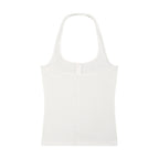 Anointed Garments white ribbed knit halter neck tank top with a button-front placket and sleeveless design.