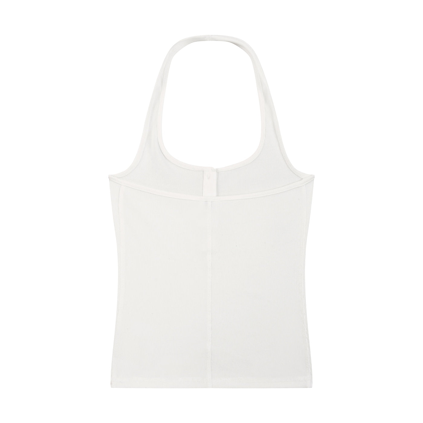 Anointed Garments white ribbed knit halter neck tank top with a button-front placket and sleeveless design.