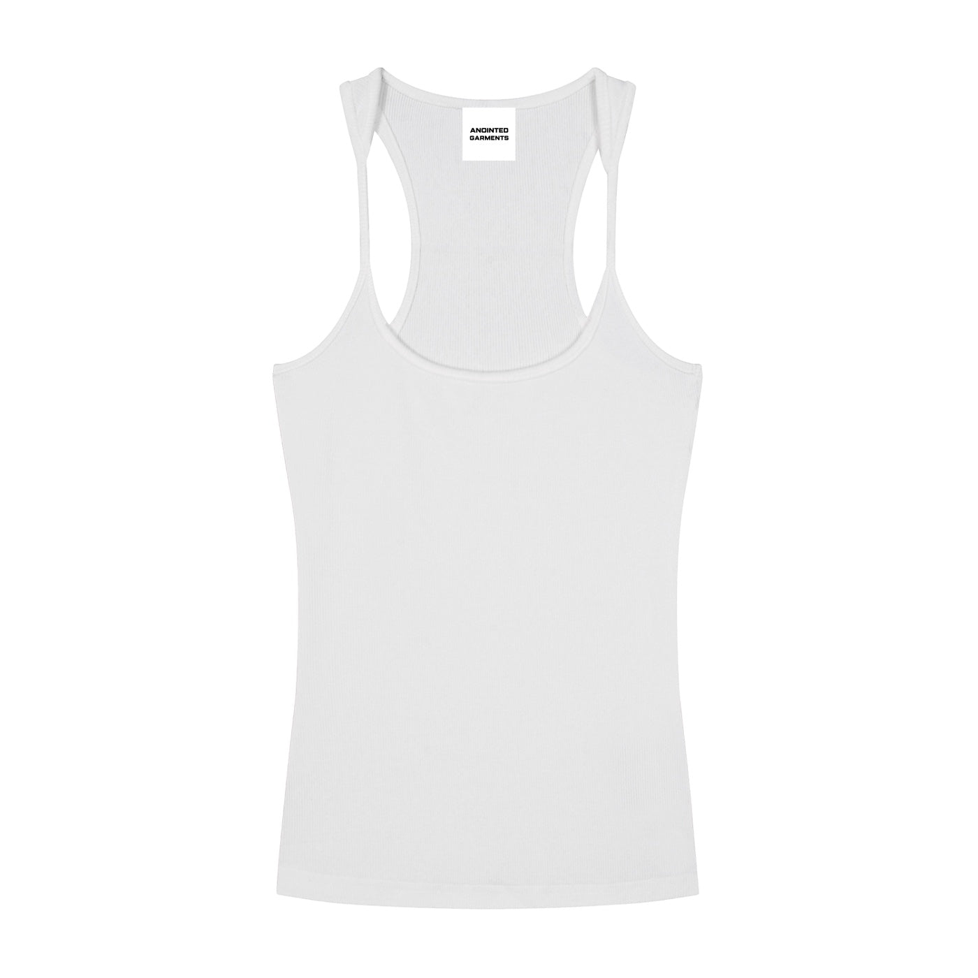 Anointed Garments white ribbed racerback tank top with a scoop neckline in a soft cotton blend fabric.