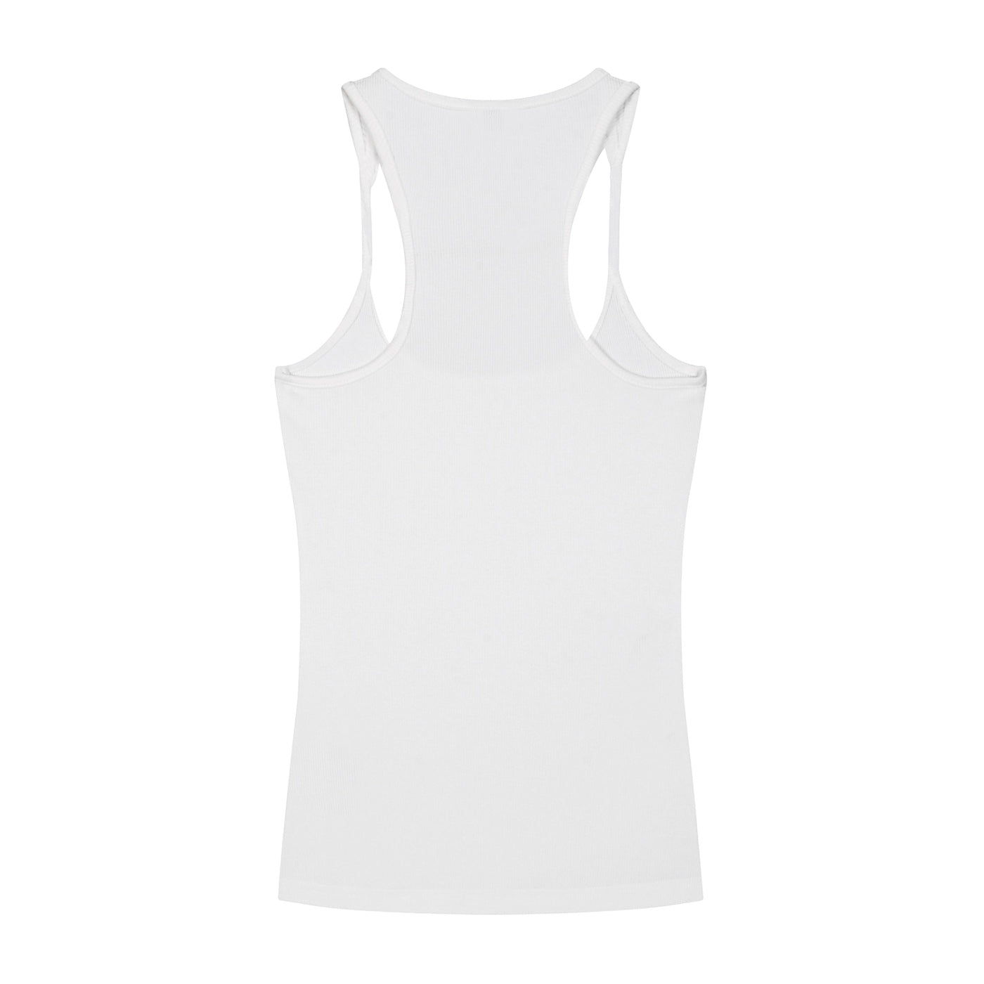Anointed Garments white ribbed racerback tank top made from soft cotton blend fabric, back view.