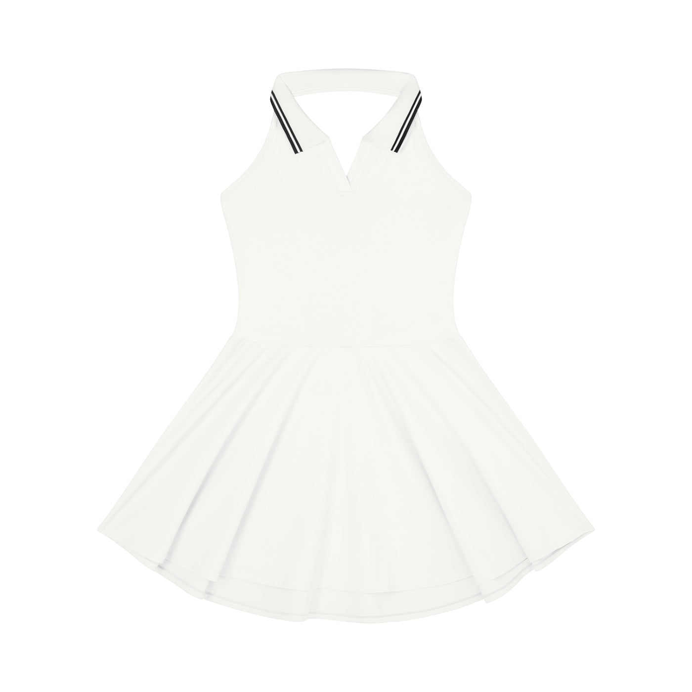 Anointed Garments white sleeveless tennis dress with a collared neckline and black striped trim detail.