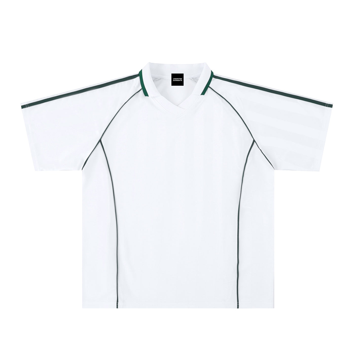 Anointed Garments white short-sleeve soccer jersey with a lapel collar, raglan sleeves, and dark green piping details.