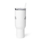 Anointed Garments white stainless steel travel mug with a clear lid and straw, featuring a sleek tapered design.
