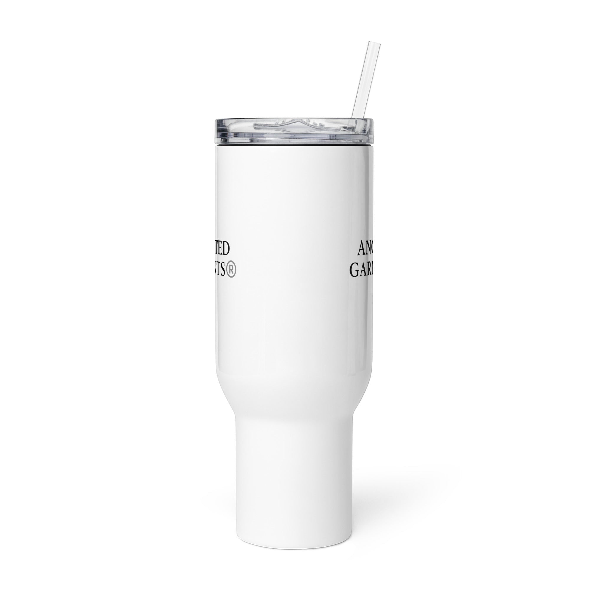 Anointed Garments white stainless steel travel mug with a clear lid and straw, featuring a sleek tapered design.