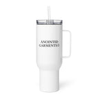 Anointed Garments white stainless steel travel mug with handle, clear lid, and straw for hot or cold drinks.