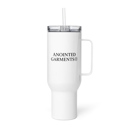 Anointed Garments white stainless steel travel mug with handle, clear lid, and straw for hot or cold drinks.
