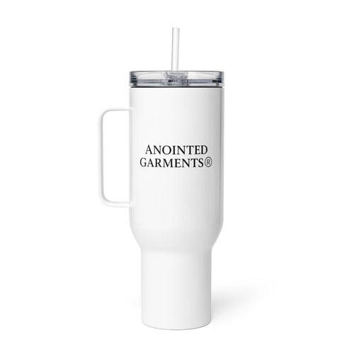 Anointed Garments white stainless steel travel mug with a handle, clear lid, and straw on a white background.