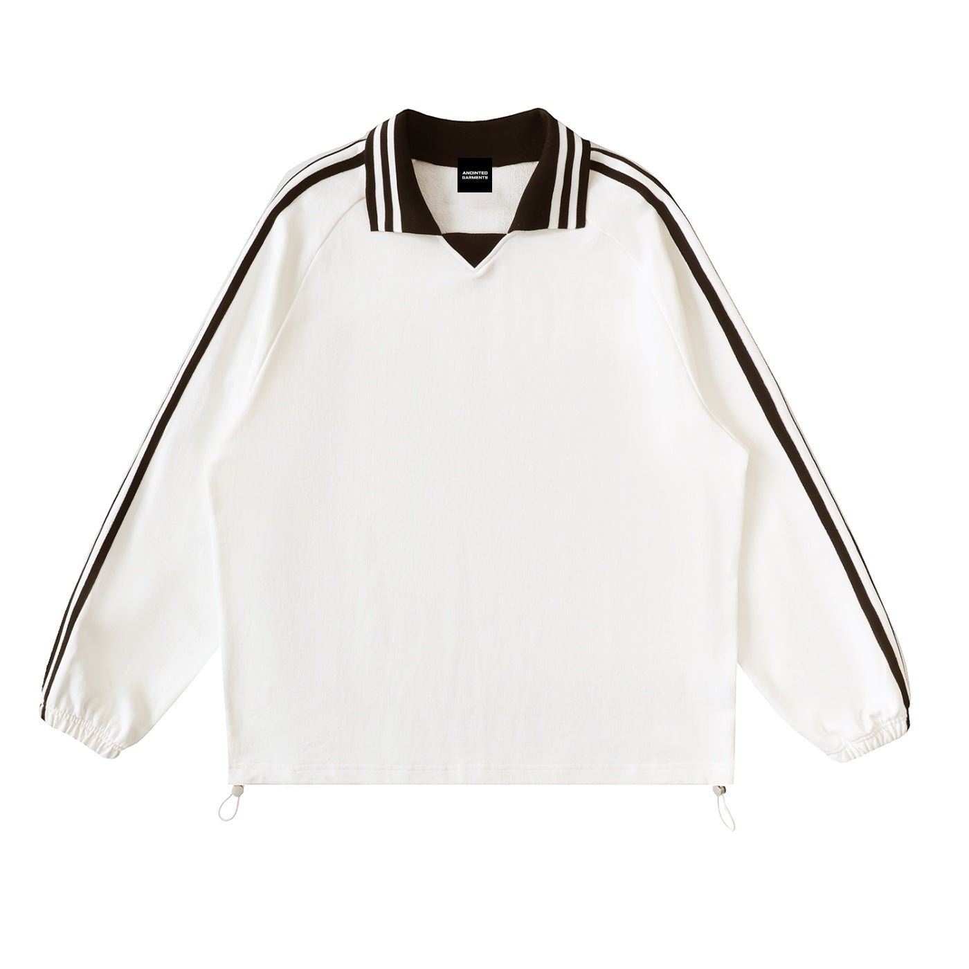 Anointed Garments white cotton pullover sweatshirt with a striped polo collar and athletic side-stripe sleeve detail.