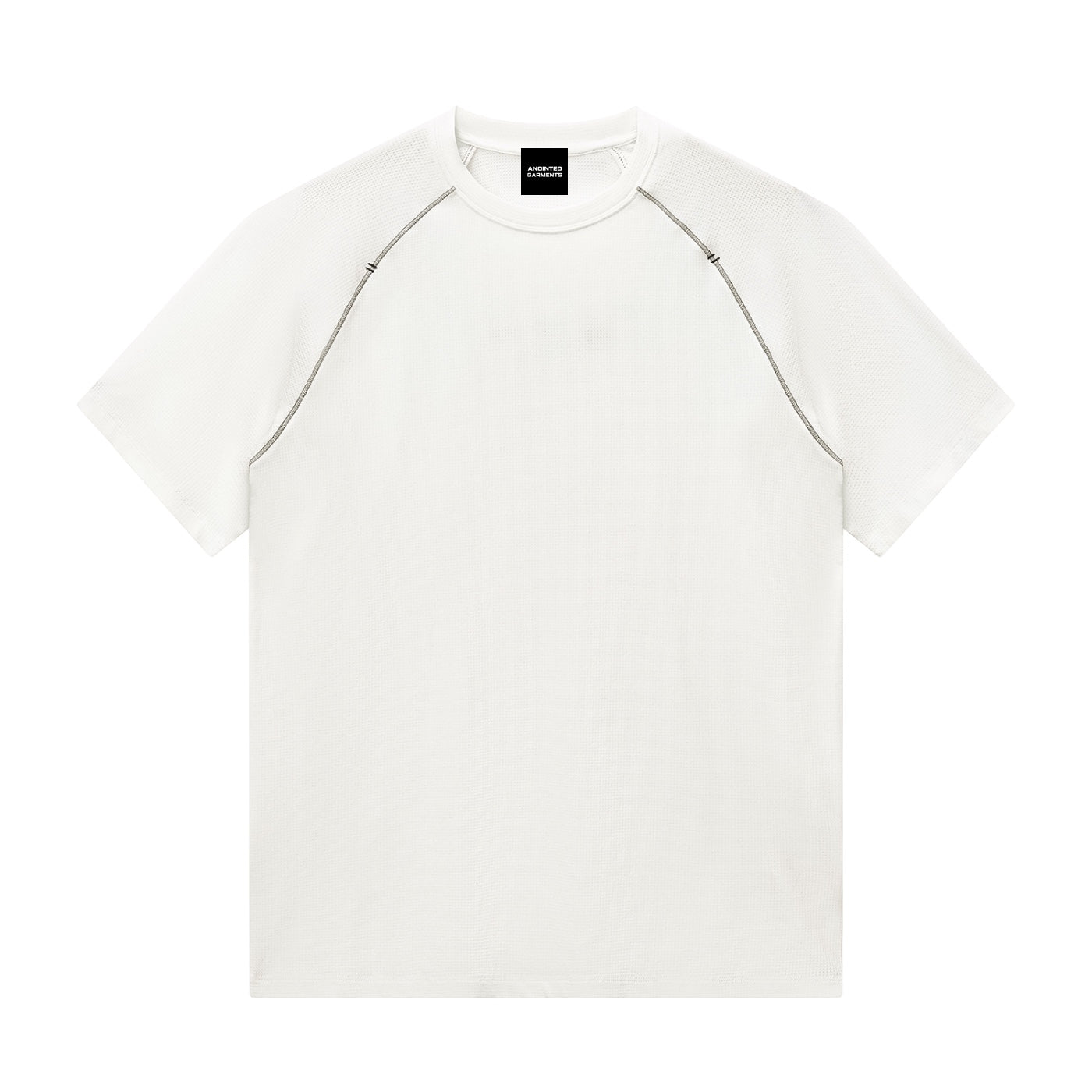 Anointed Garments white short sleeve crewneck t-shirt with textured fabric and raglan sleeve construction.