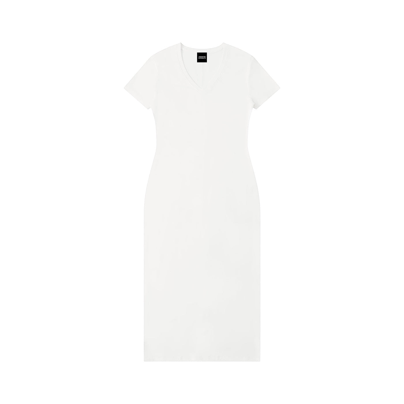 Anointed Garments white short sleeve V-neck bodycon maxi dress in a soft viscose blend fabric.