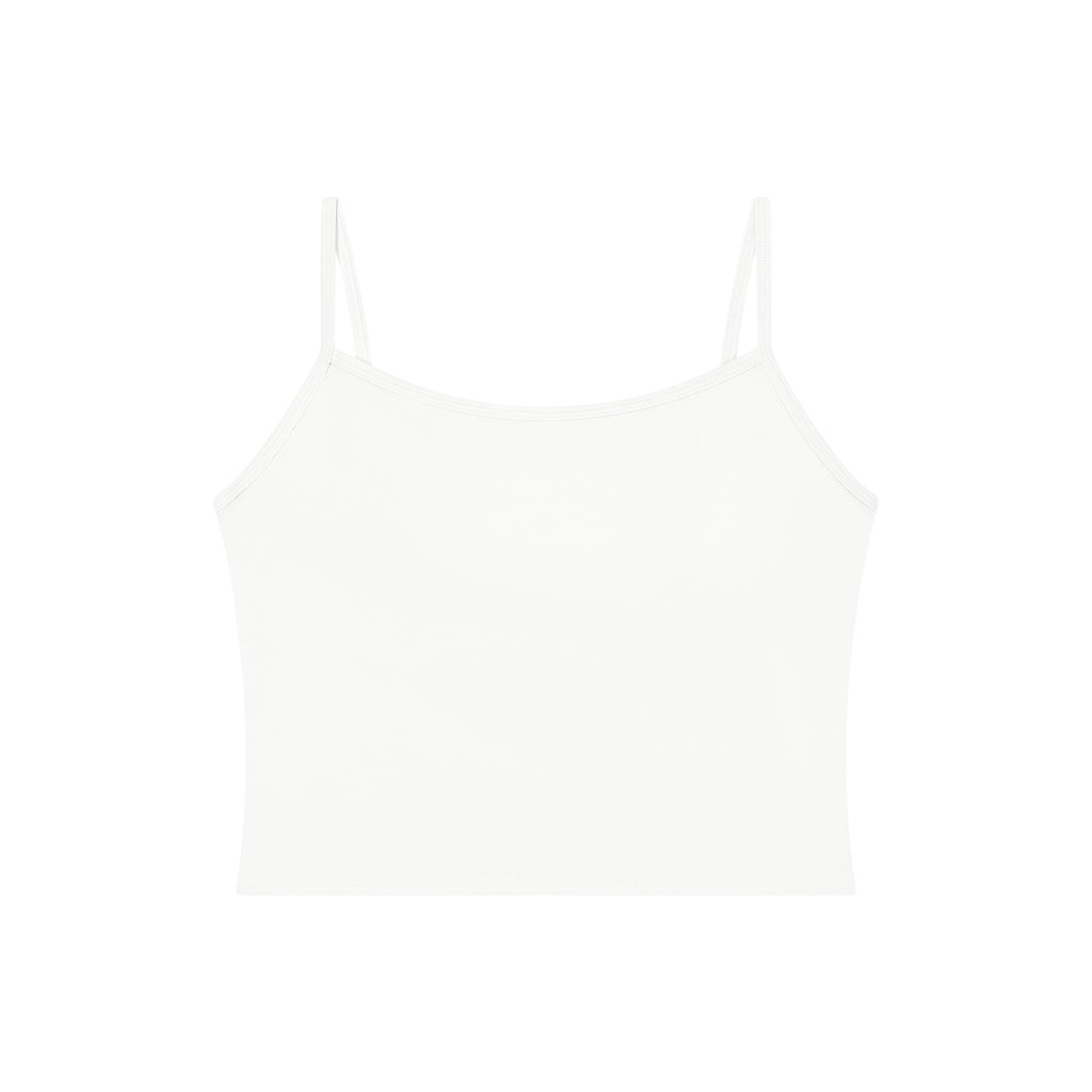 Anointed Garments white sleeveless bodycon yoga tank top made from thin nylon spandex blend fabric.