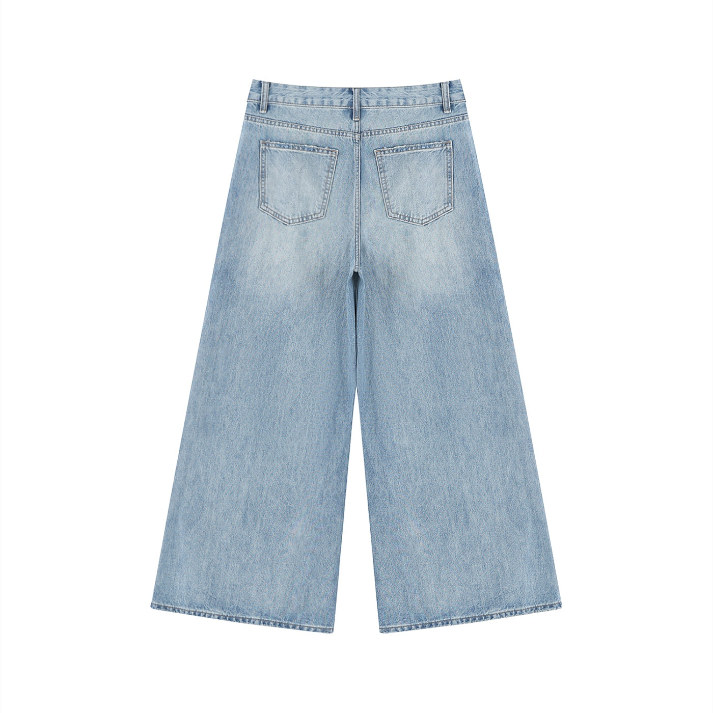 Back view of Anointed Garments light wash wide leg denim jeans with a classic five-pocket design.