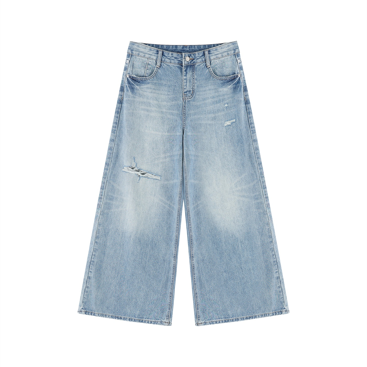 Anointed Garments light wash wide leg denim jeans with distressed detailing and a high-rise waist.
