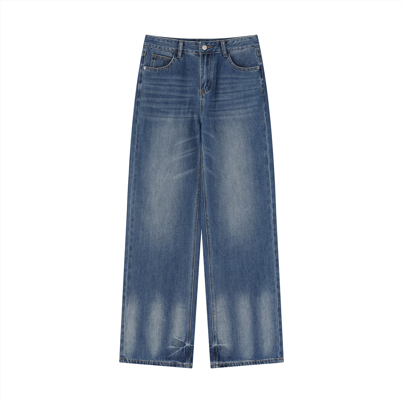 Anointed Garments wide leg denim jeans in a medium-wash blue with subtle fading and a classic five-pocket design.