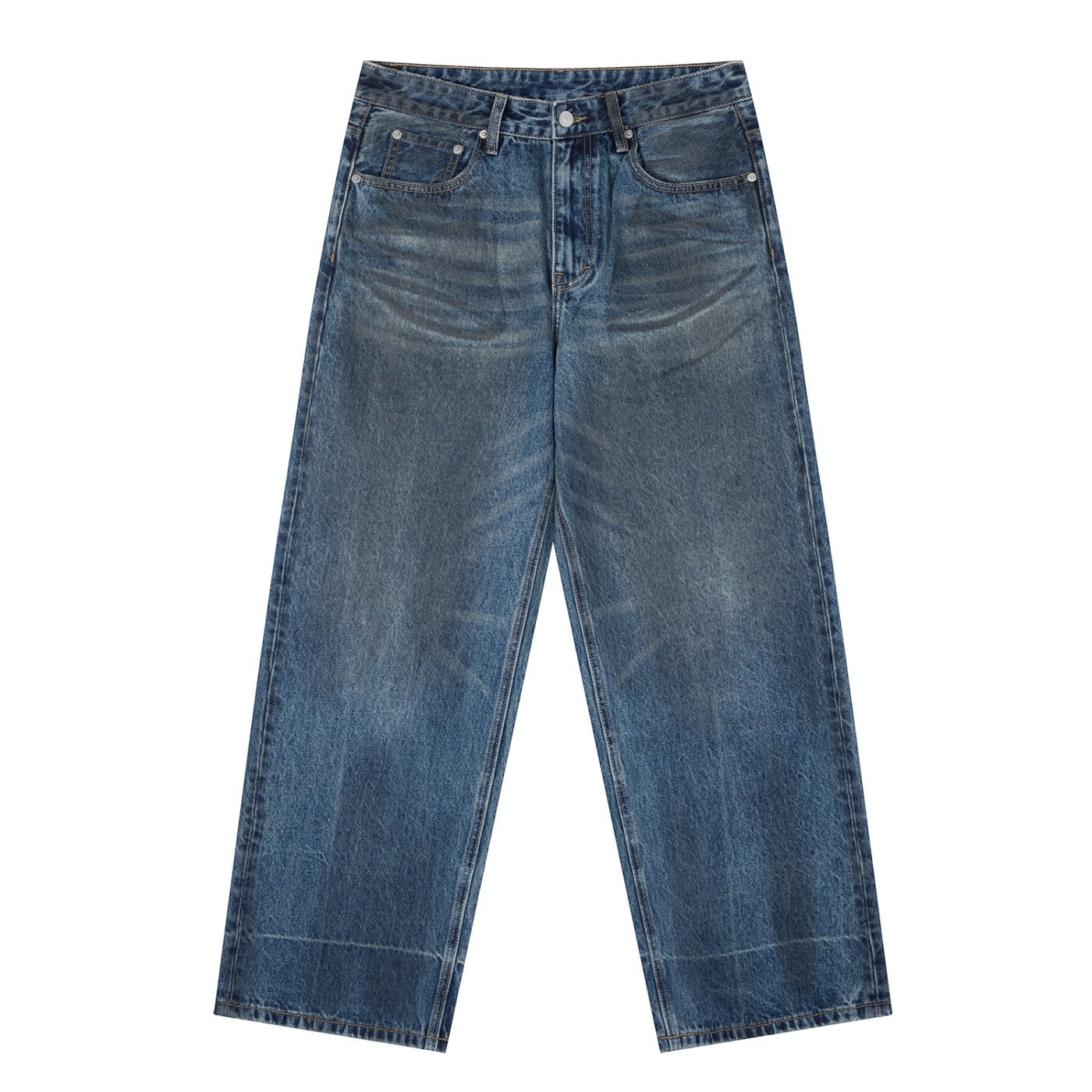 Anointed Garments wide leg denim jeans in a medium blue wash with vintage-inspired fading and five-pocket styling.