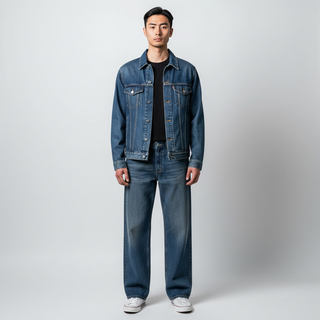 A man wearing Anointed Garments wide-leg medium-blue denim jeans and a matching denim jacket against a plain background.