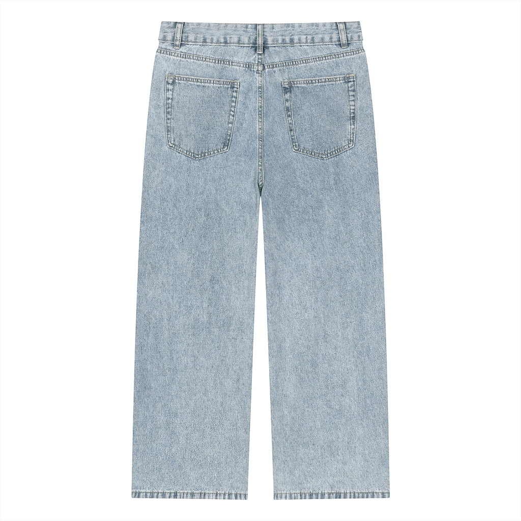 Anointed Garments light wash wide leg denim jeans with a classic five-pocket design and relaxed fit, back view.