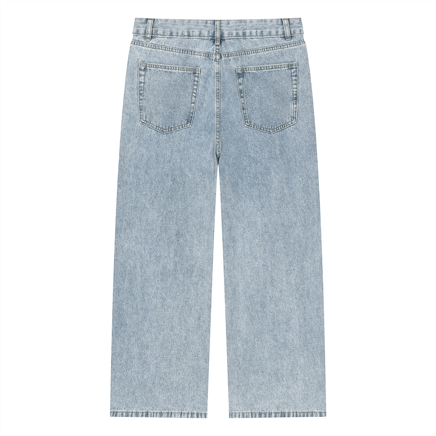 Anointed Garments light wash wide leg denim jeans with a classic five-pocket design and relaxed fit, back view.
