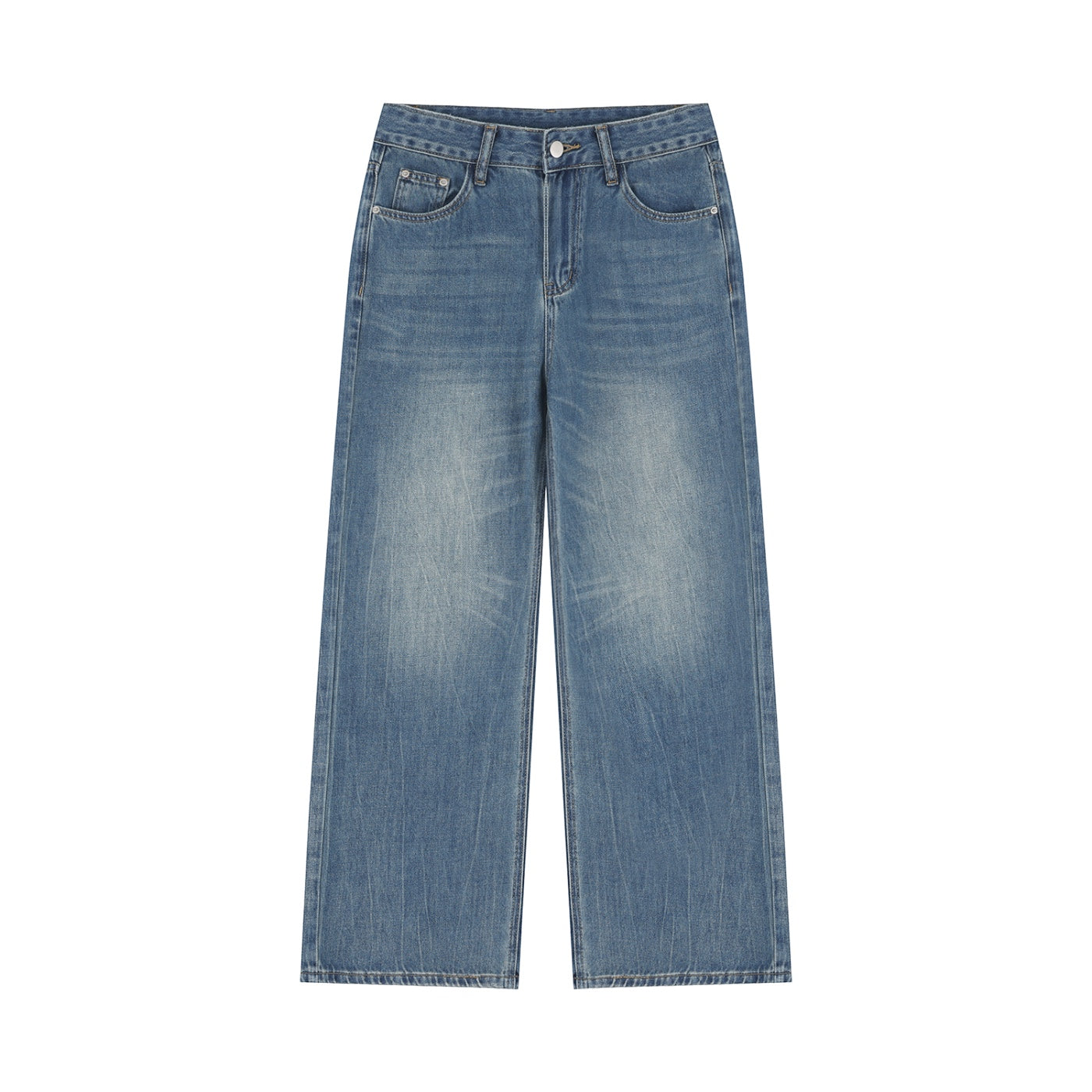 Anointed Garments women's wide-leg denim trousers in a vintage medium-blue wash with a high-rise fit.