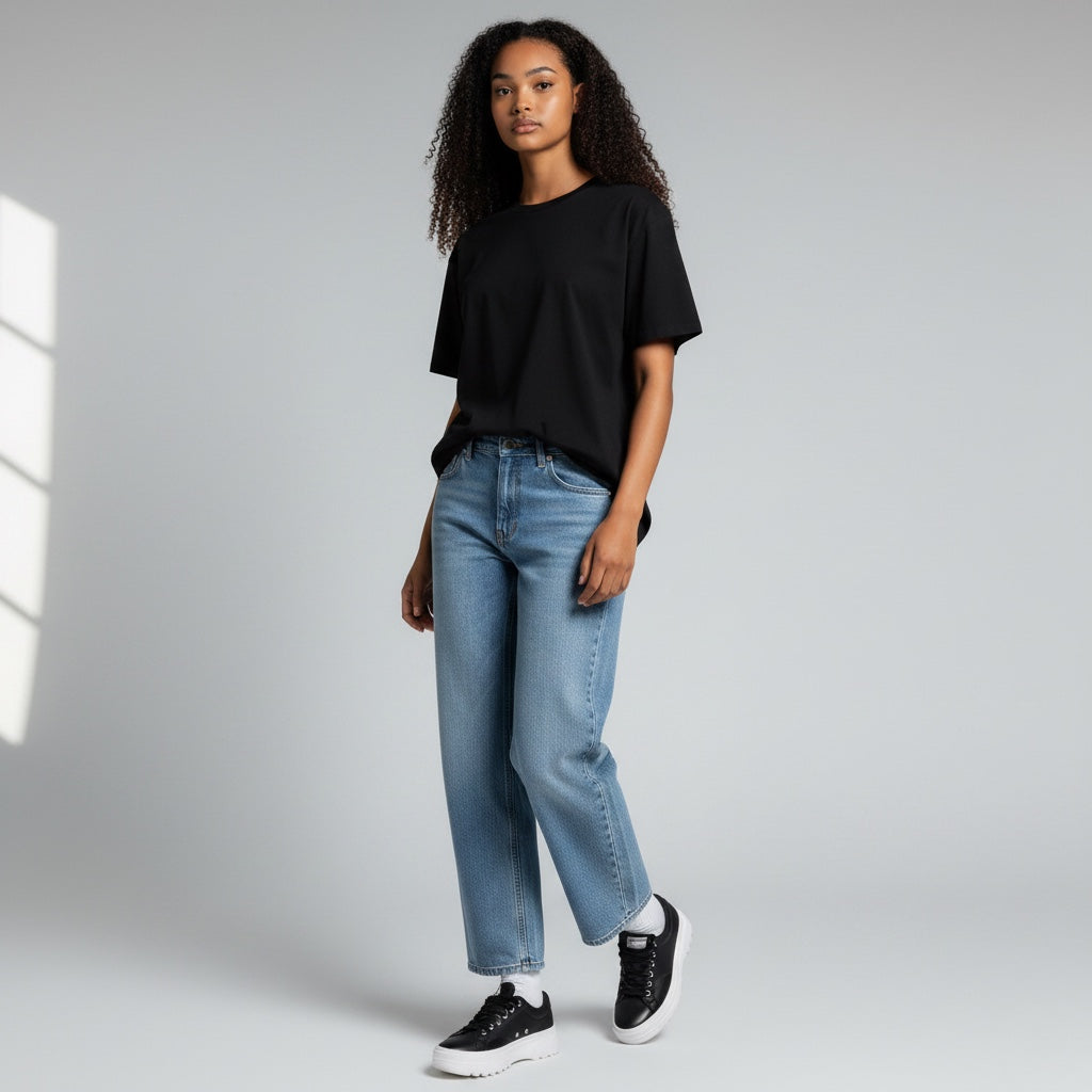 Model wearing Anointed Garments medium-blue wide-leg denim trousers with a black t-shirt and casual sneakers.