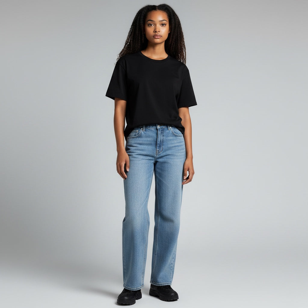 Model wearing Anointed Garments medium-blue wide-leg denim trousers and a black t-shirt against a grey background.