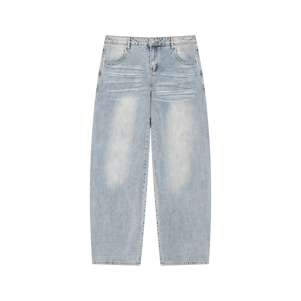 Anointed Garments men's wide-leg jeans in light blue enzyme-washed denim with vintage whiskering and relaxed fit.