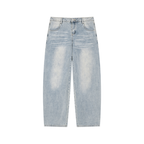 Anointed Garments men's wide-leg jeans in light blue enzyme-washed denim with vintage whiskering and relaxed fit.
