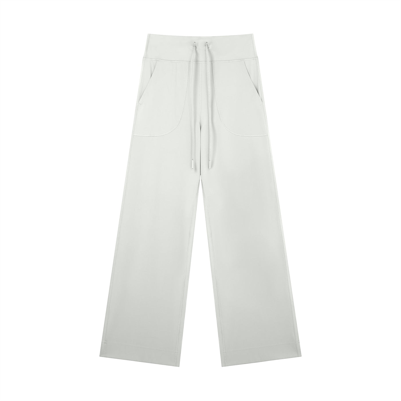 Anointed Garments wide-leg lounge pants in light grey nylon-spandex blend with high-rise drawstring waist and side pockets