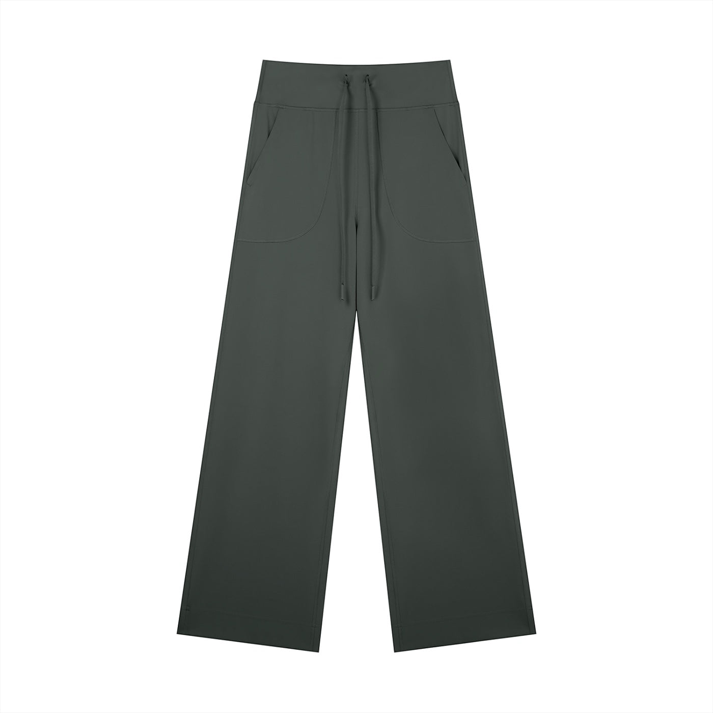 Anointed Garments wide-leg lounge pants in dark grey nylon-spandex blend with a high-rise drawstring waist and pockets.