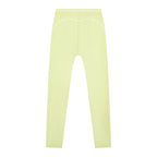 Anointed Garments high-waisted performance athletic leggings in pale yellow with white contrast piping details.