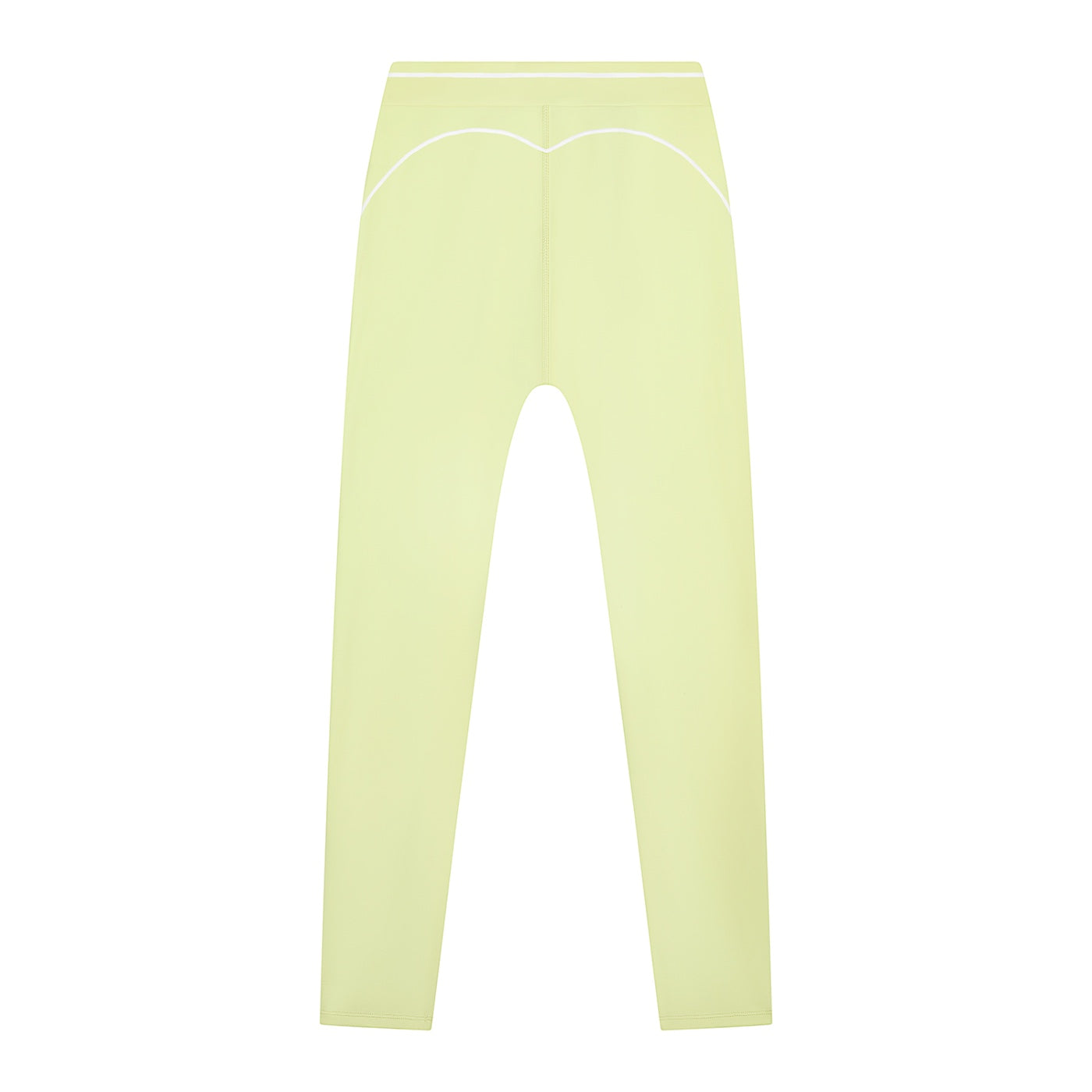 Anointed Garments high-waisted performance athletic leggings in pale yellow with white contrast piping details.