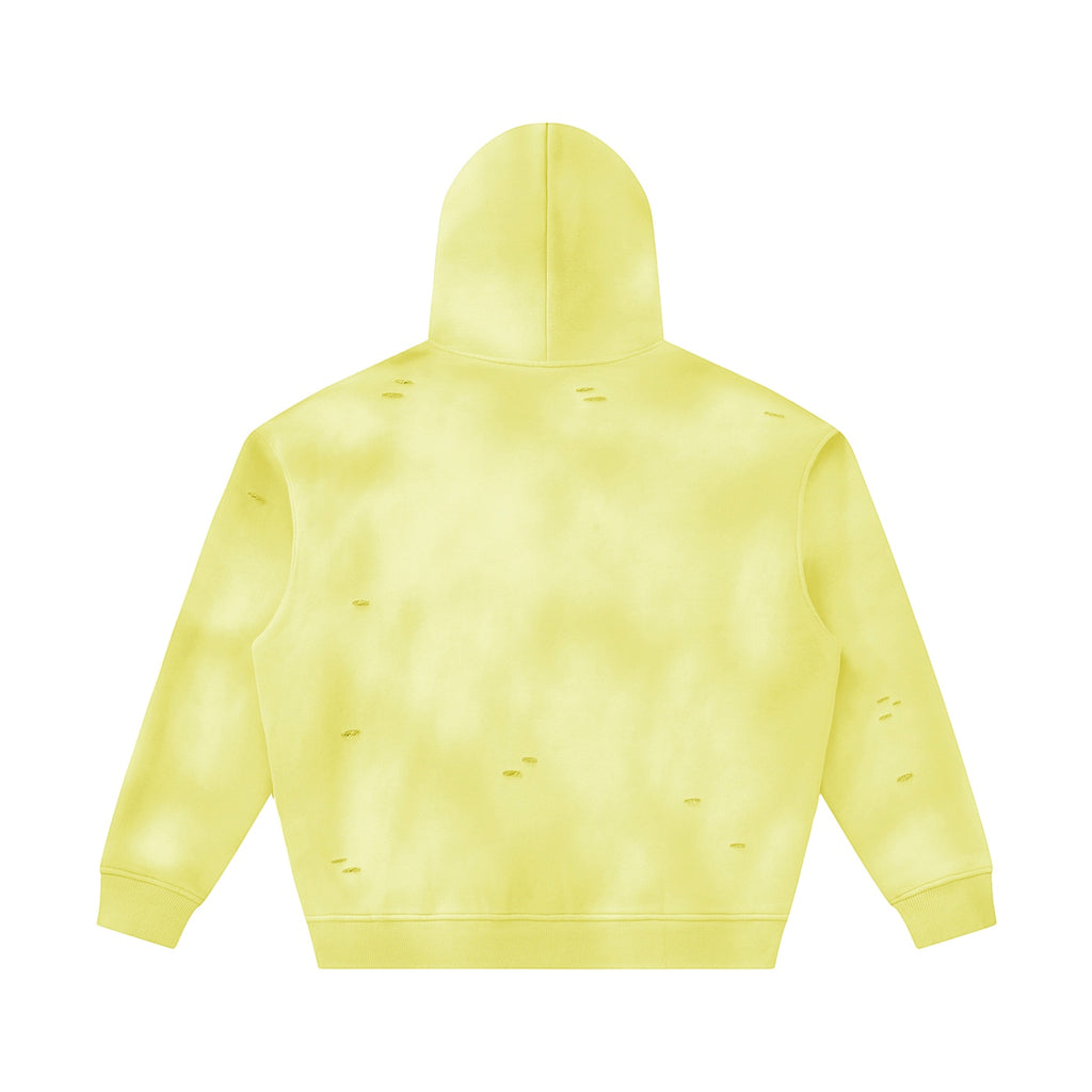 Back view of Anointed Garments distressed pullover hoodie in pale yellow with a washed-out vintage finish.
