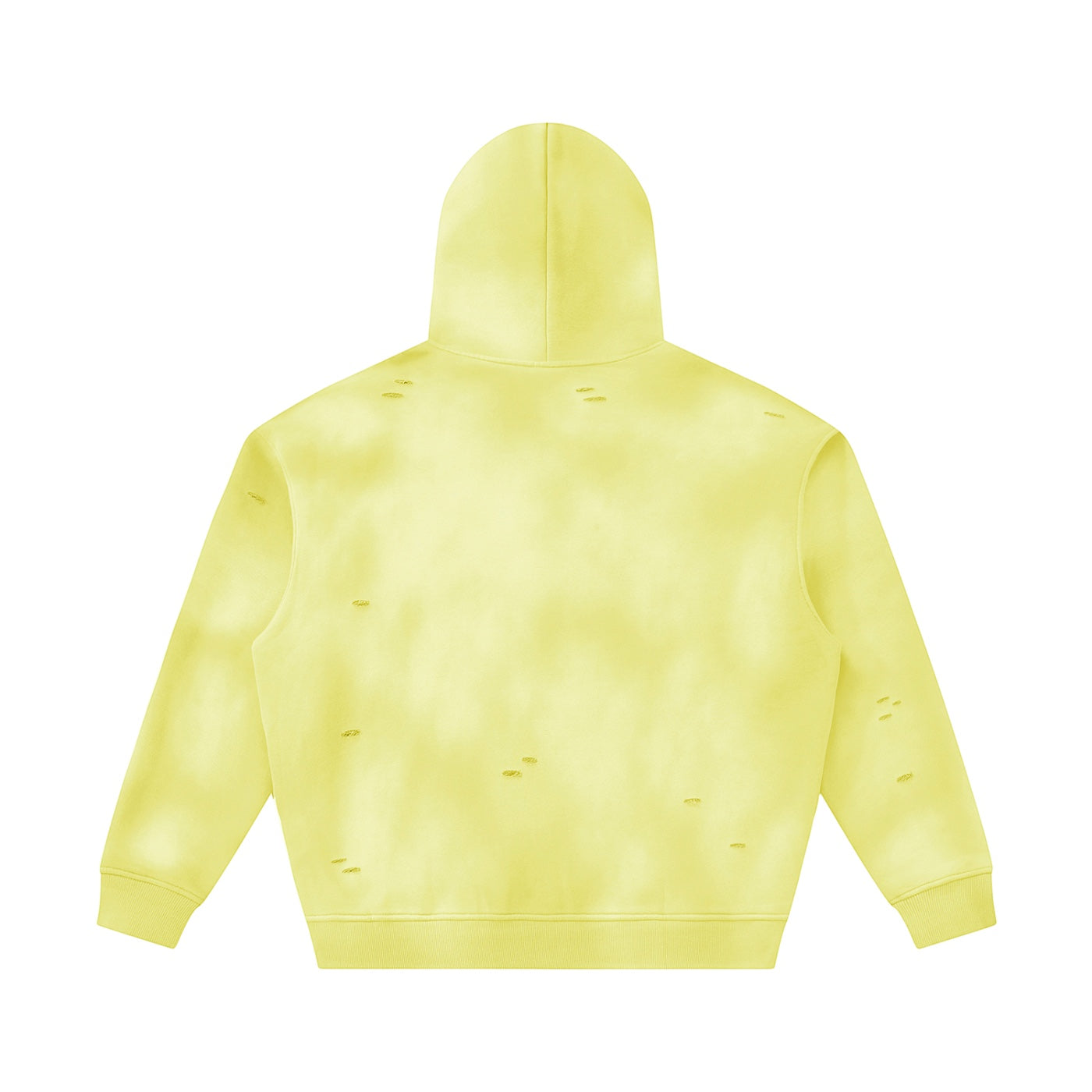 Back view of Anointed Garments distressed pullover hoodie in pale yellow with a washed-out vintage finish.