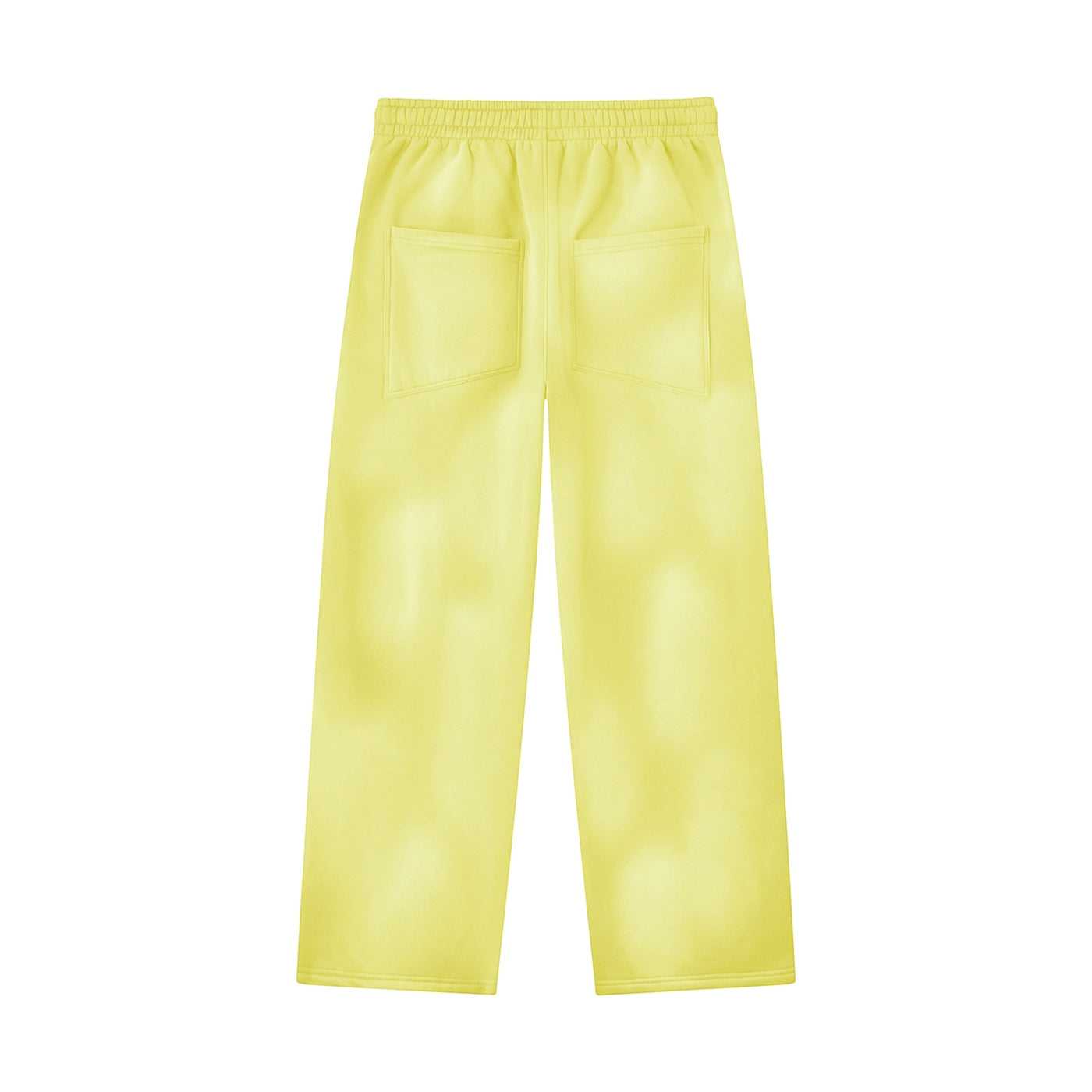 Back view of Anointed Garments relaxed fit yellow fleece sweatpants with back pockets and elastic waistband.