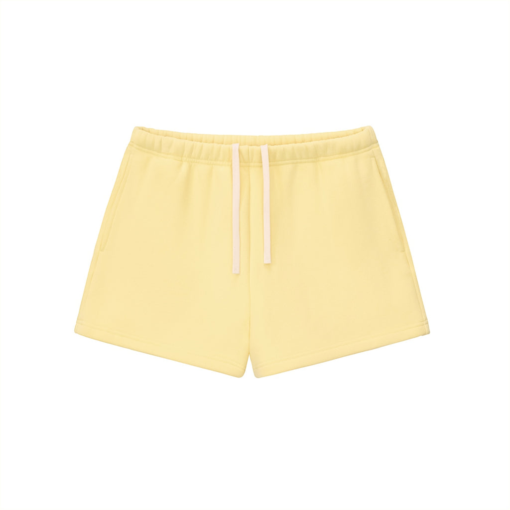Anointed Garments yellow cotton blend fleece sweatshorts with an elastic drawstring waist and loose fit.
