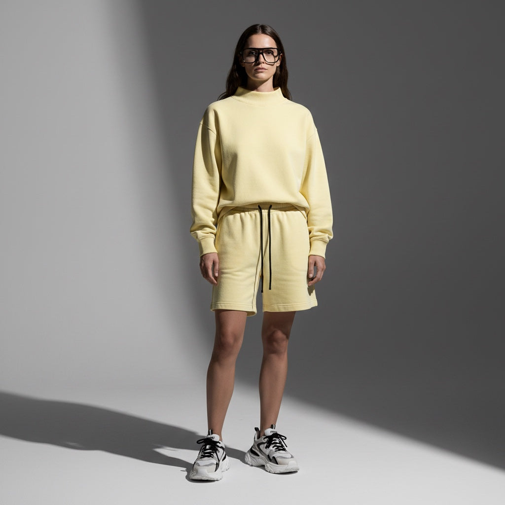 A model wearing an Anointed Garments pale yellow mock neck pullover sweatshirt and matching shorts with sneakers.