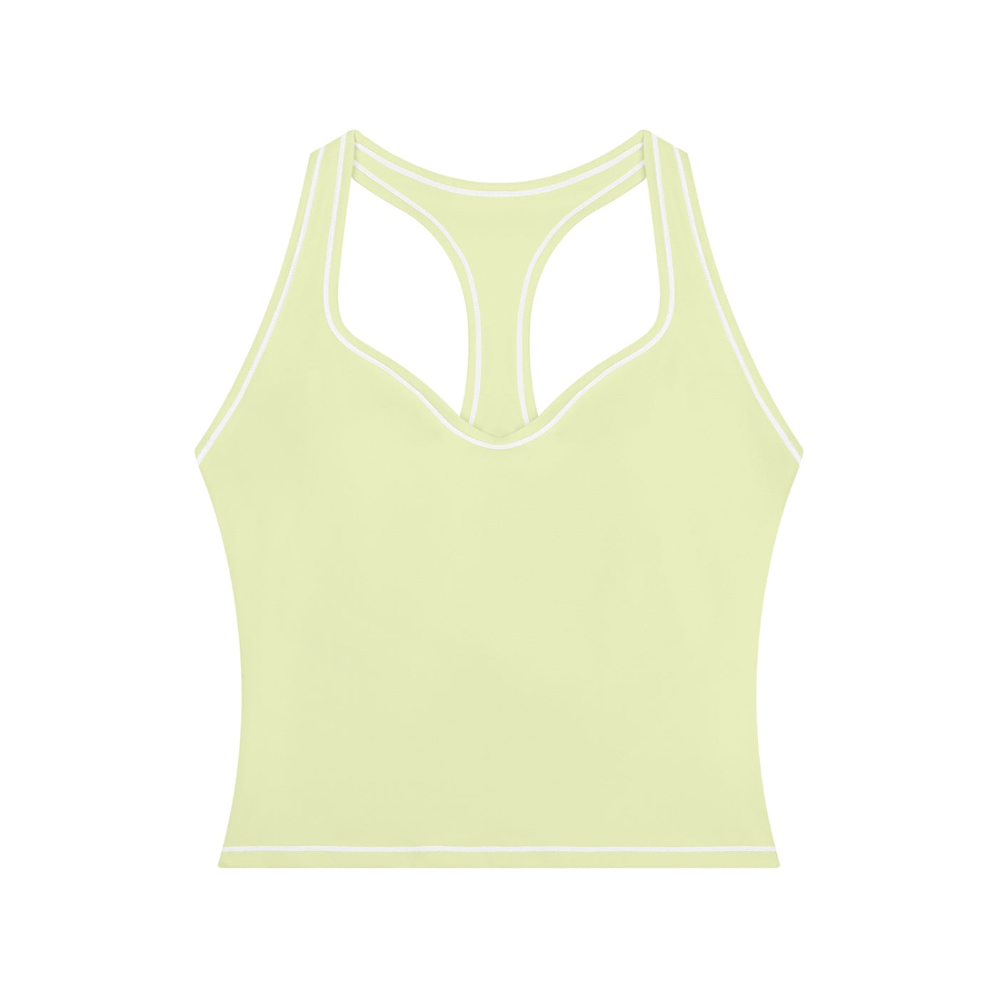 Anointed Garments pale yellow racerback performance tank top with white contrast piping for gym and yoga workouts.