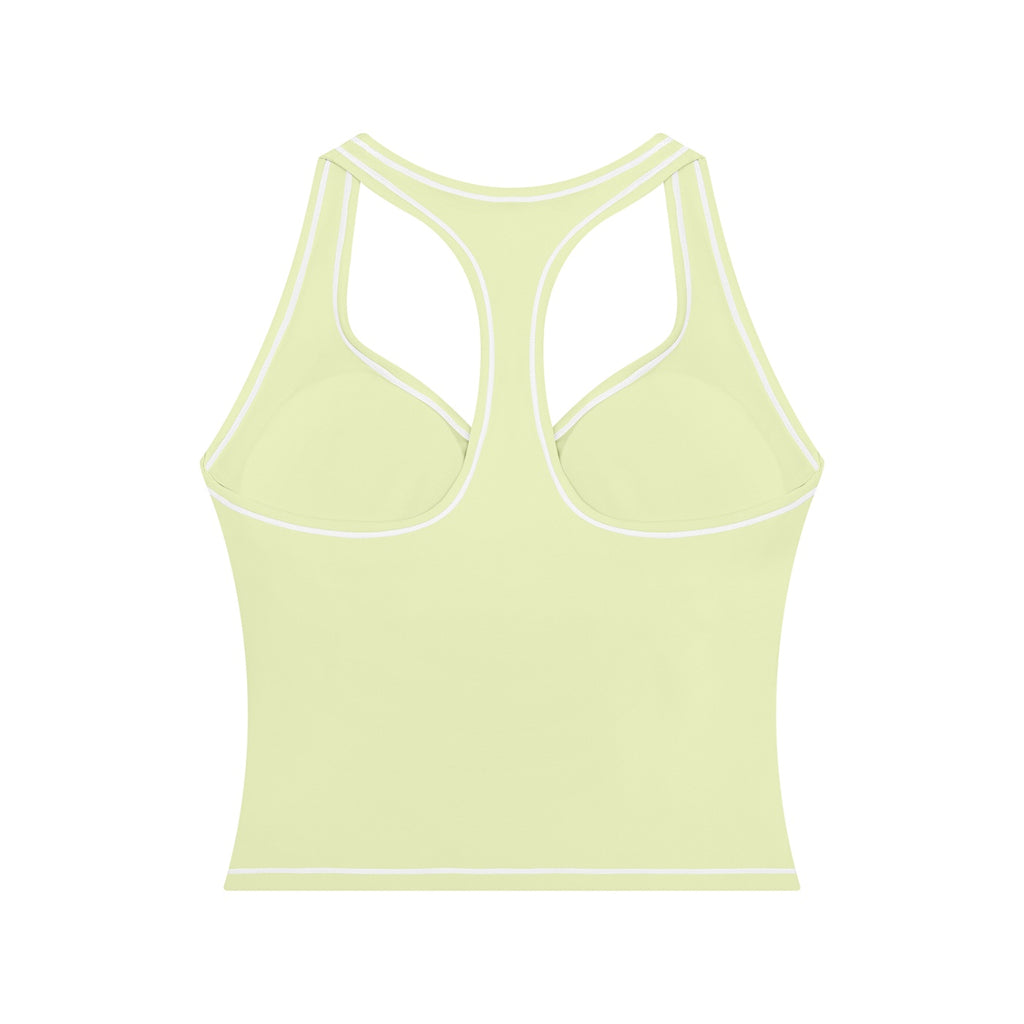 Anointed Garments pale yellow racerback performance tank top with white contrast piping and built-in support.