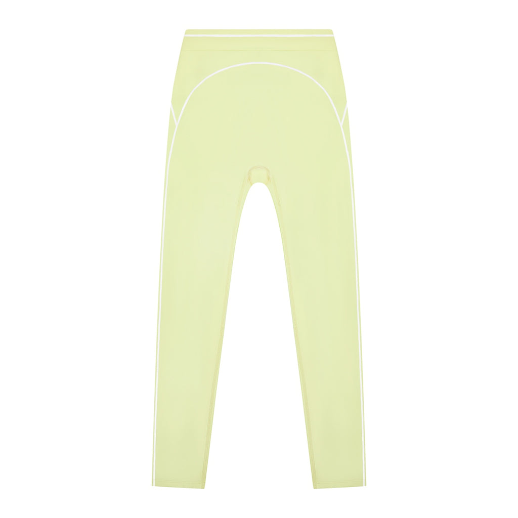 Anointed Garments women's high rise leggings in light yellow with white topstitching detail for gym or casual wear.