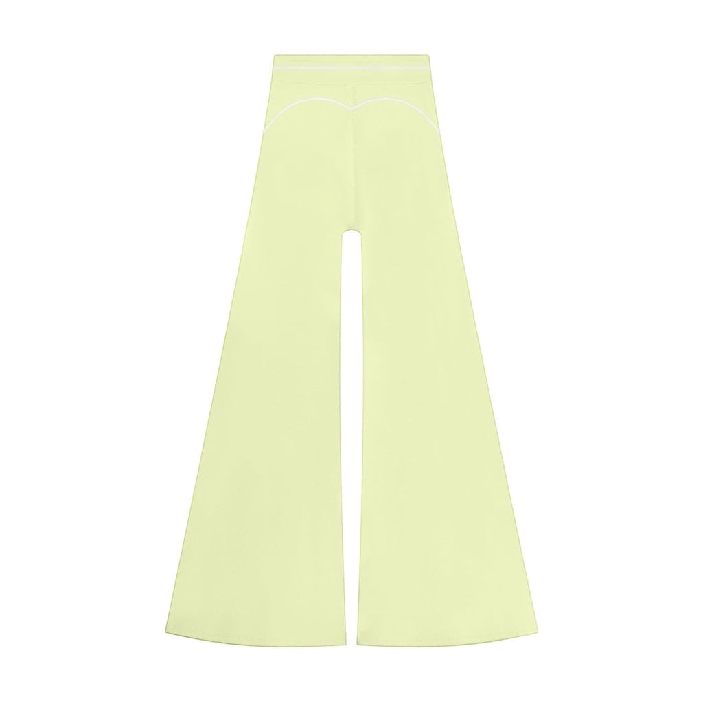 Anointed Garments high-waisted wide-leg trousers in pale yellow with white contrast piping detail.