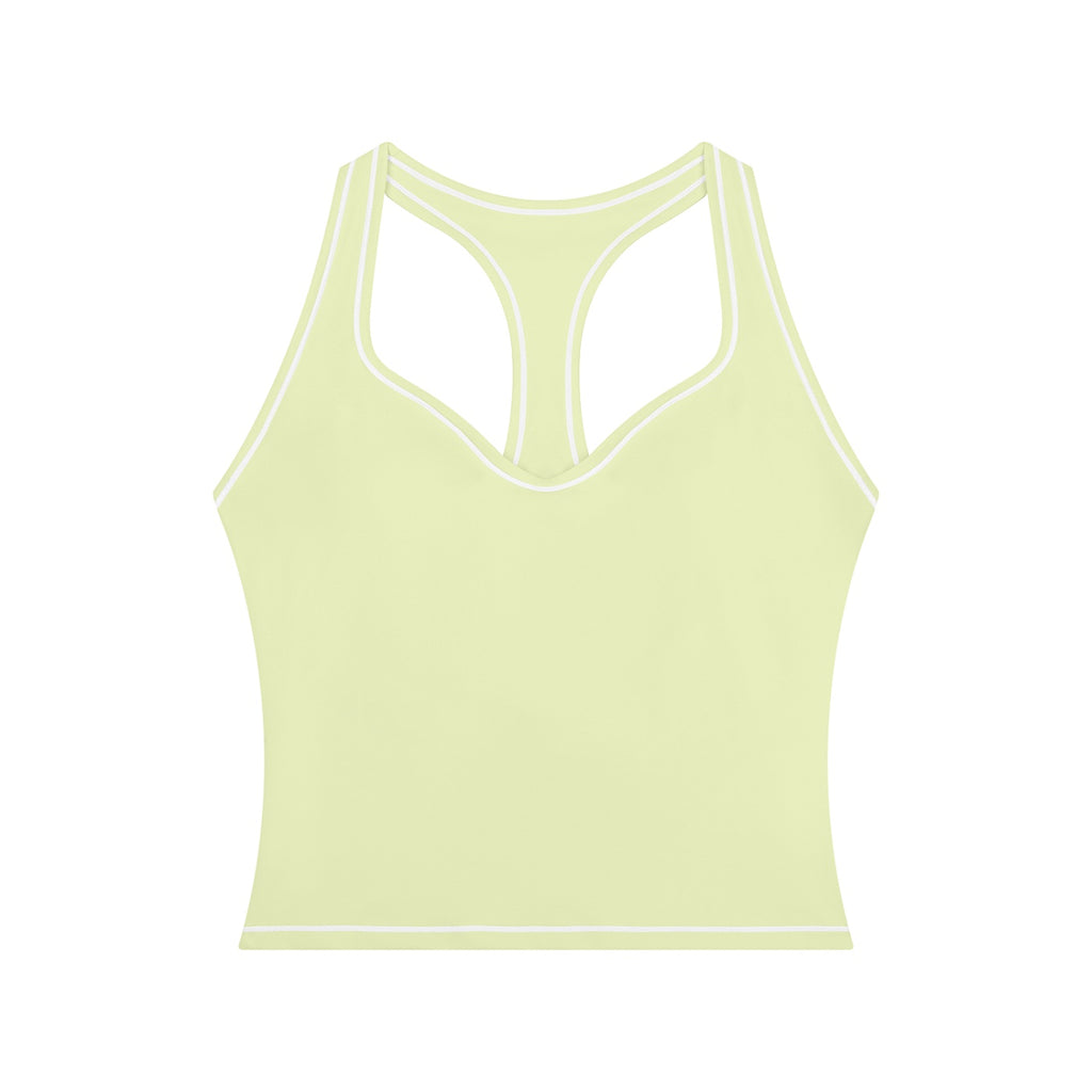 Anointed Garments women's light yellow yoga tank top with white topstitching, U-neck, and racerback design.