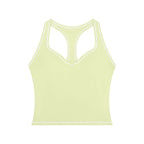 Anointed Garments women's light yellow yoga tank top with white topstitching, U-neck, and racerback design.
