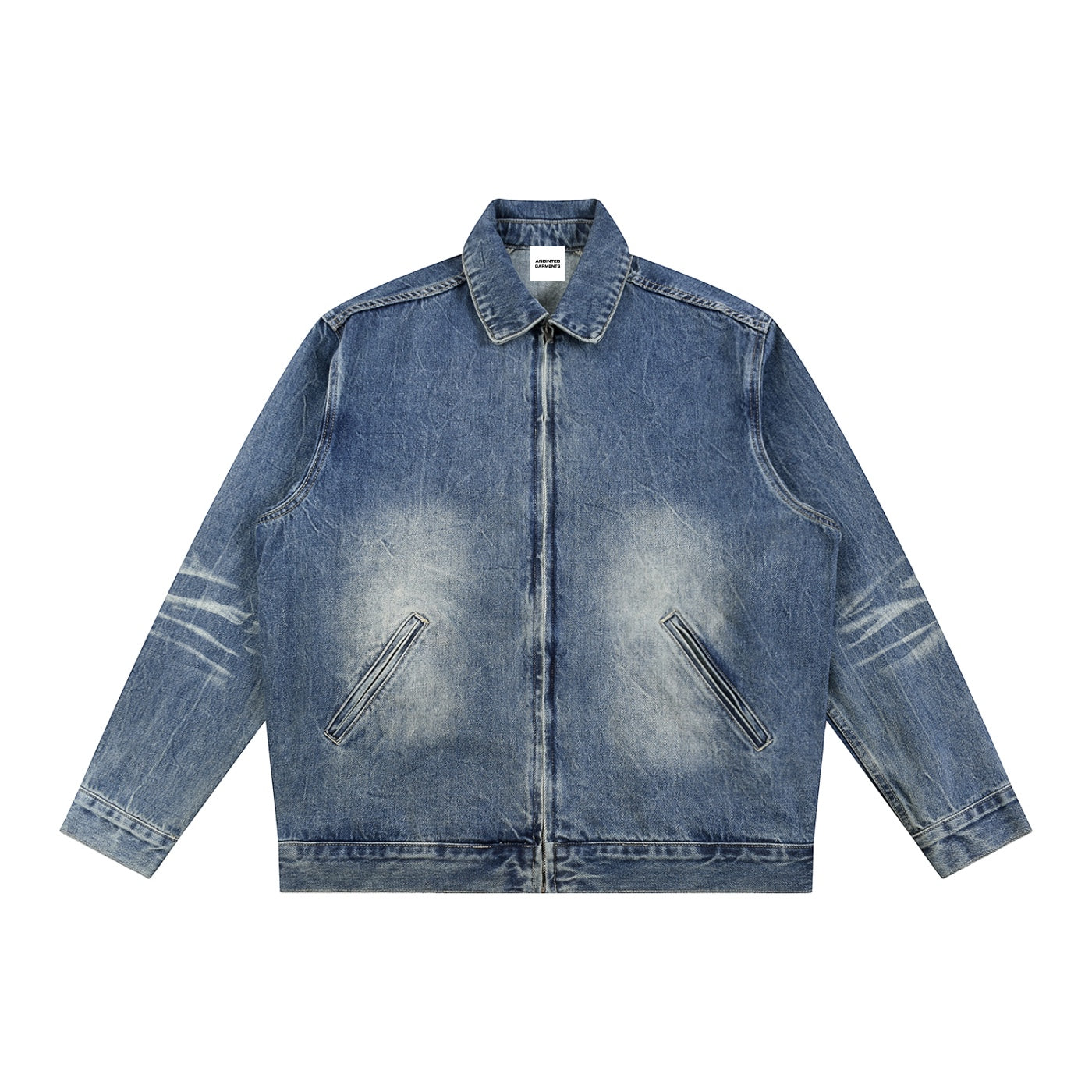 Anointed Garments medium-wash denim jacket with a zip-up front, structured collar, and faded vintage-style finish.