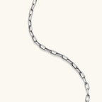 Polished 925 sterling silver paperclip link chain necklace, 3.7mm wide, with lobster clasp, on cream background.