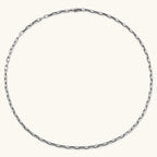Polished 925 sterling silver paperclip link chain necklace, 3.7mm wide, with lobster clasp, on cream background.